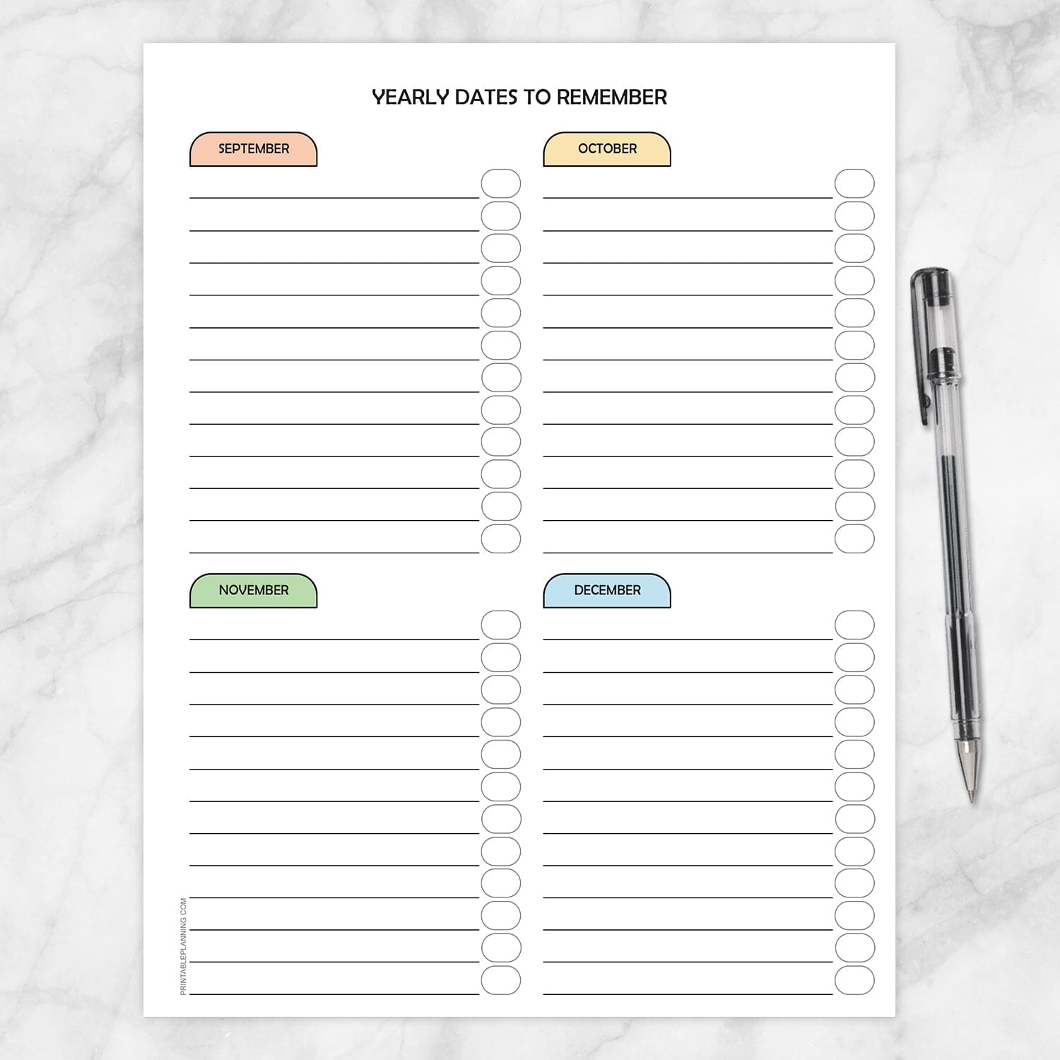 Printable Modern Yearly Dates to Remember Pages (page 3 of 3) at Printable Planning.