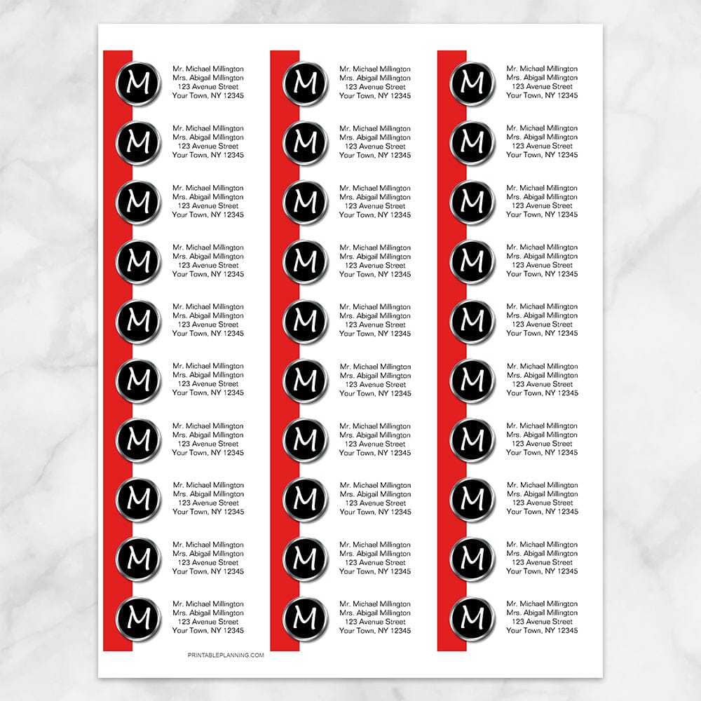 Printable Modern Monogram Red Address Labels at Printable Planning. Sheet of 30 labels.