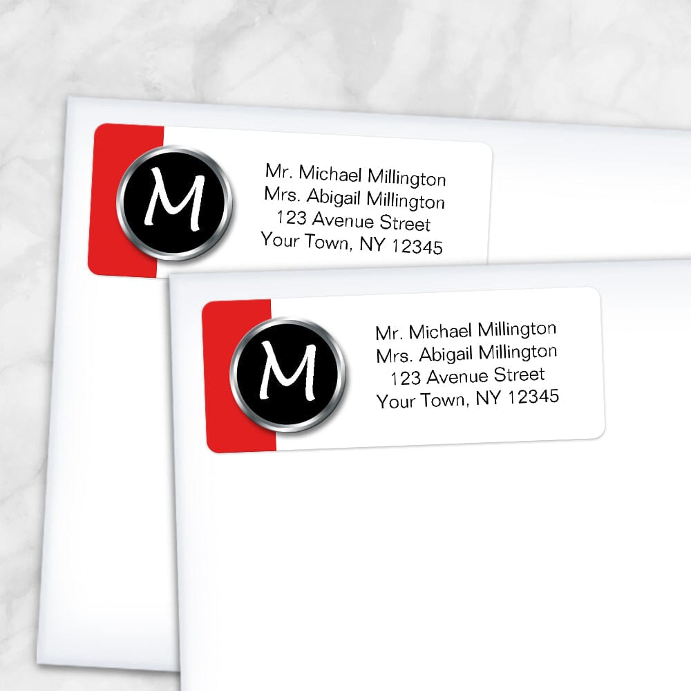 Printable Modern Monogram Red Address Labels at Printable Planning. Shown on envelopes.