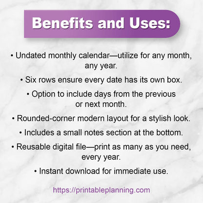 List of benefits and uses for the Modern Blank Monthly Calendar - Full Page.