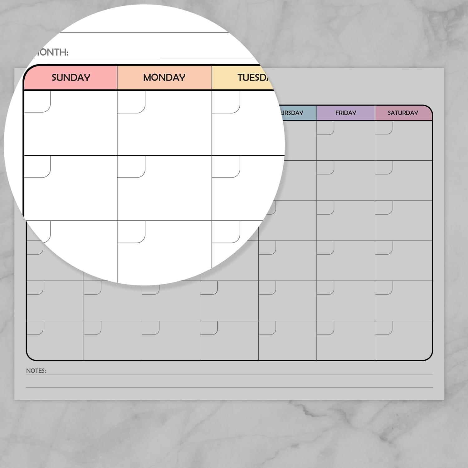 Image zoomed in on the beginning of the week on the Modern Blank Monthly Calendar - Rainbow, Full Page.