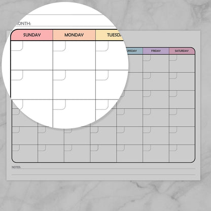 Image zoomed in on the beginning of the week on the Modern Blank Monthly Calendar - Rainbow, Full Page.