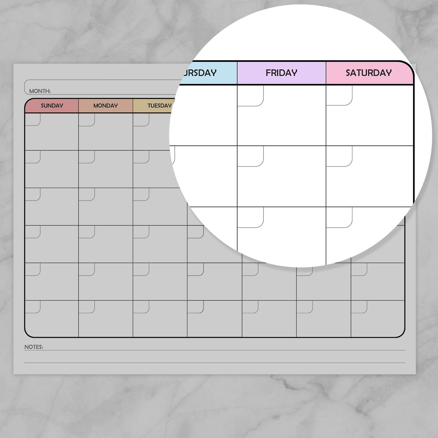 Image zoomed in on the end of the week on the Modern Blank Monthly Calendar - Rainbow, Full Page.