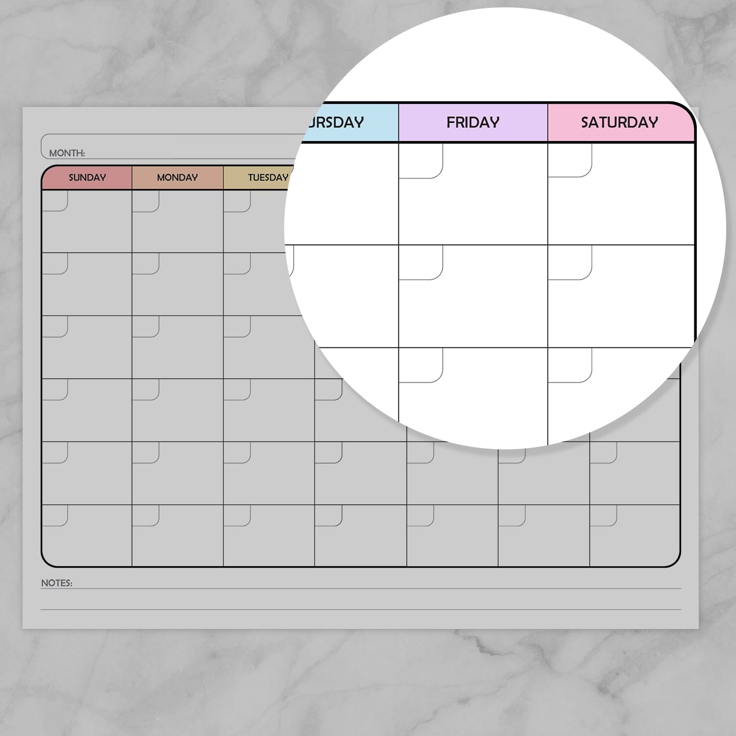 Image zoomed in on the end of the week on the Modern Blank Monthly Calendar - Rainbow, Full Page.