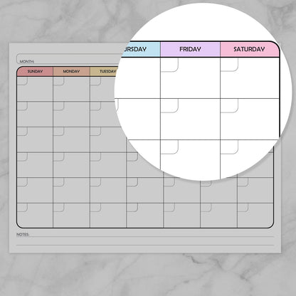 Image zoomed in on the end of the week on the Modern Blank Monthly Calendar - Rainbow, Full Page.