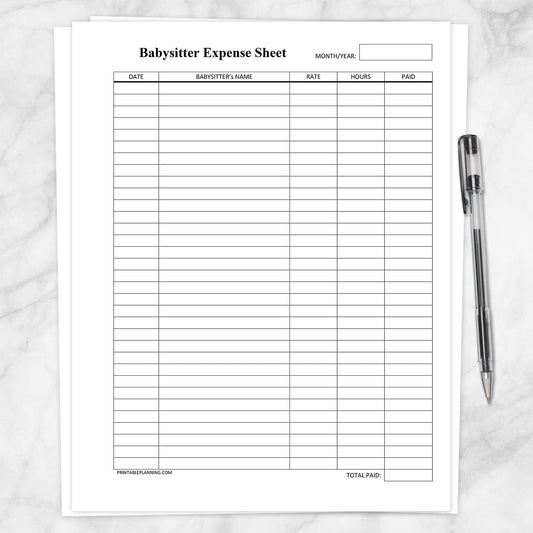 Printable Monthly Babysitter Expense Sheet at Printable Planning.