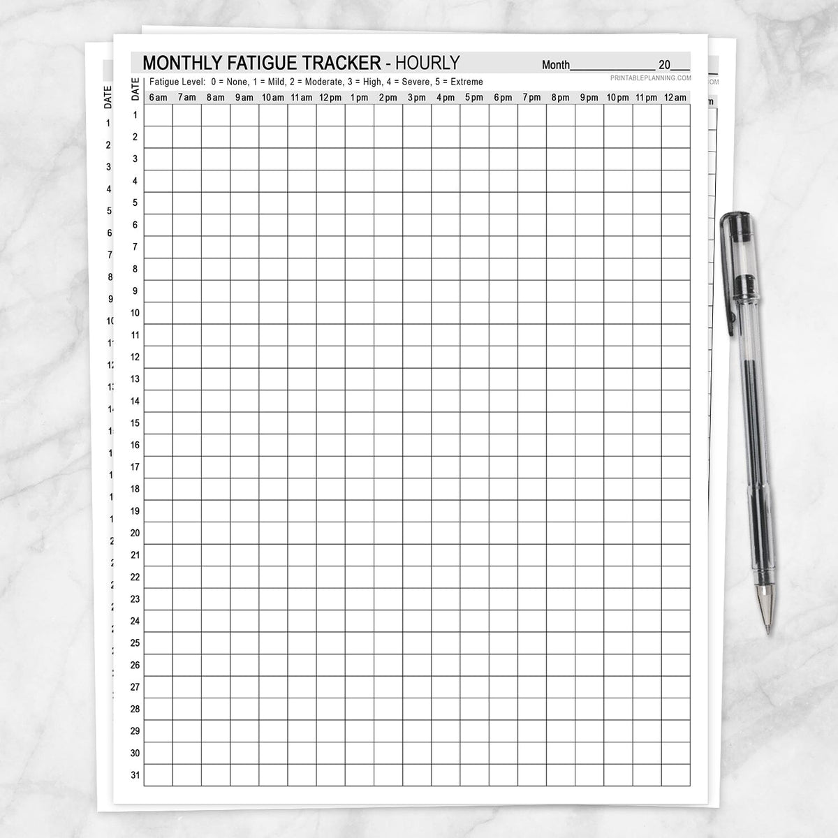Monthly Fatigue Tracker Hourly printable with daily fatigue severity grid from 6 AM to midnight