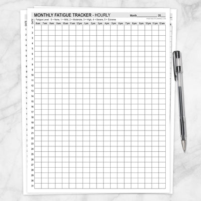 Monthly Fatigue Tracker Hourly printable with daily fatigue severity grid from 6 AM to midnight