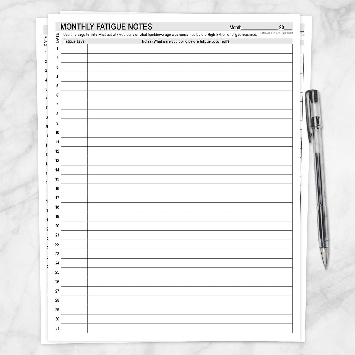 Monthly Fatigue Notes printable for recording fatigue levels activities food drinks and possible patterns