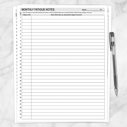 Monthly Fatigue Notes printable for recording fatigue levels activities food drinks and possible patterns