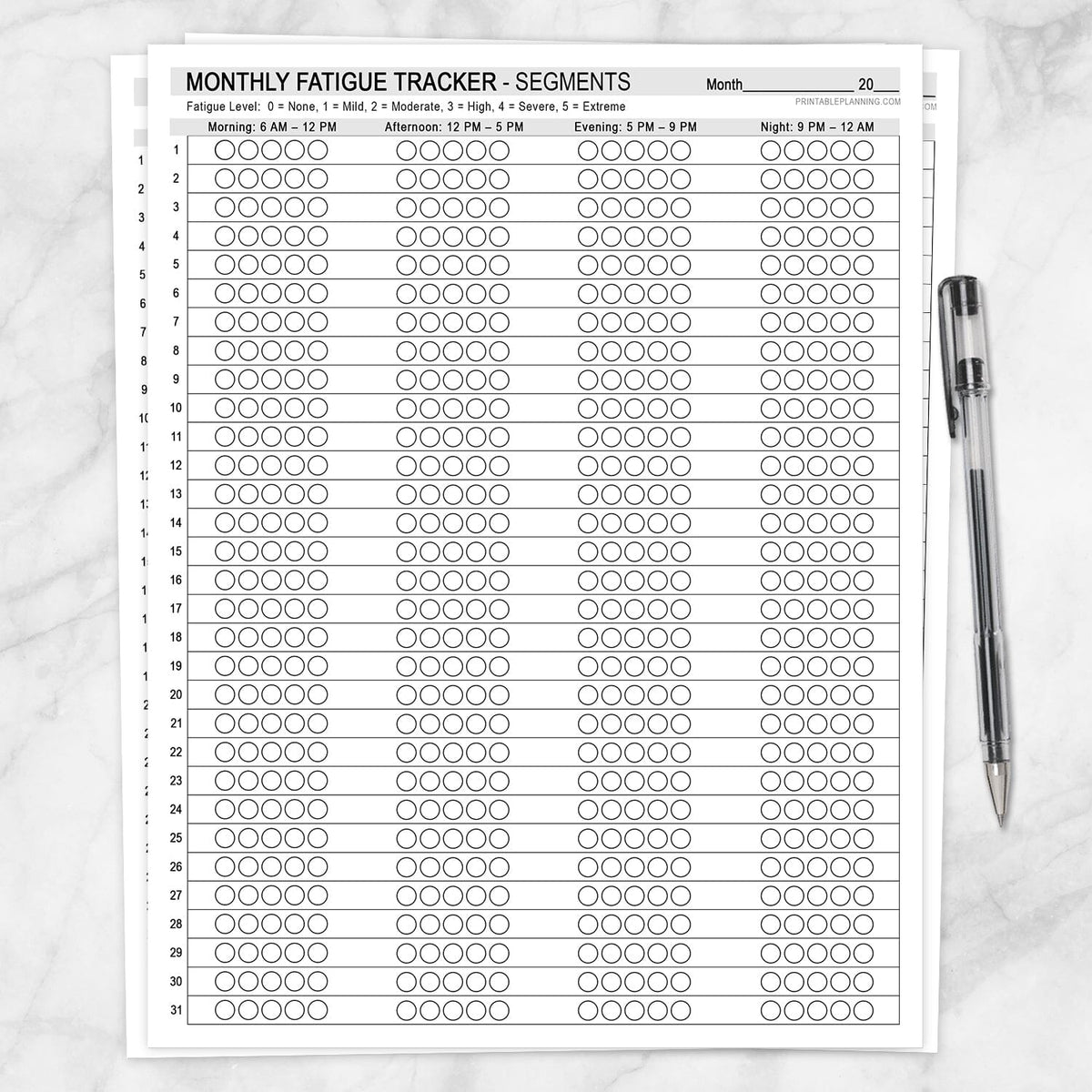 Monthly Fatigue Tracker Segments printable with morning afternoon evening and night severity circles
