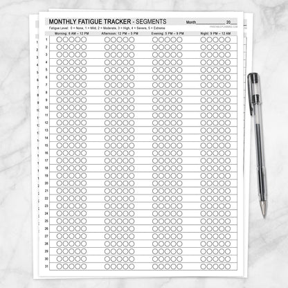 Monthly Fatigue Tracker Segments printable with morning afternoon evening and night severity circles