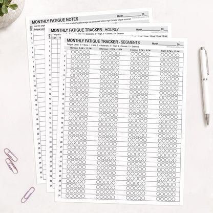 Three printed monthly fatigue tracker sheets arranged in a fan shape on a white surface, with a white pen, pink paperclips, and a small plant visible around them.