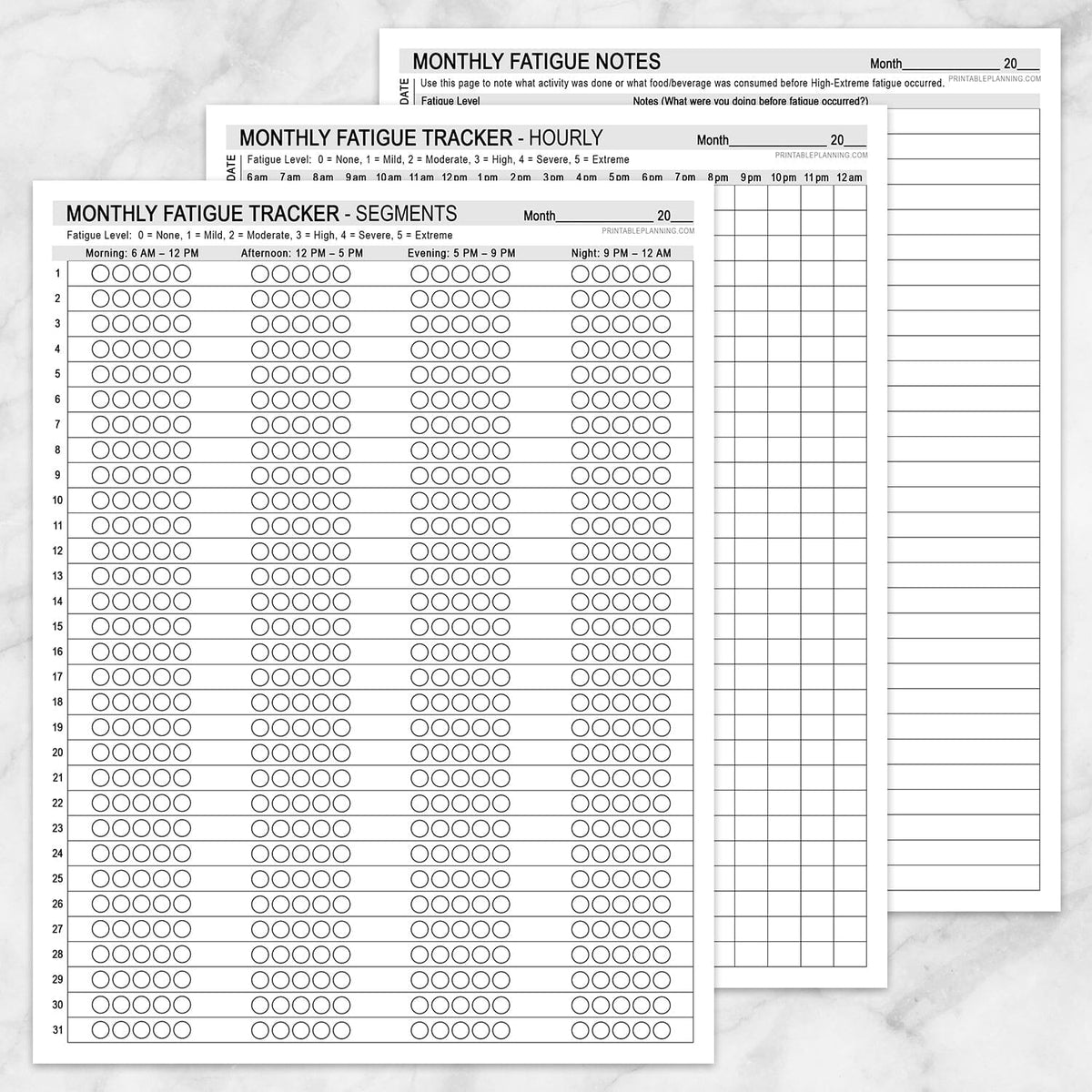 Three printable fatigue tracking sheets laid out on a light marble background: a large monthly fatigue tracker with hourly and segment rows, a monthly fatigue tracker hourly page, and a monthly fatigue notes page.
