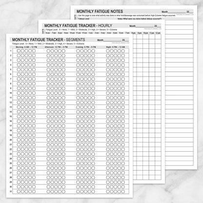 Three printable fatigue tracking sheets laid out on a light marble background: a large monthly fatigue tracker with hourly and segment rows, a monthly fatigue tracker hourly page, and a monthly fatigue notes page.