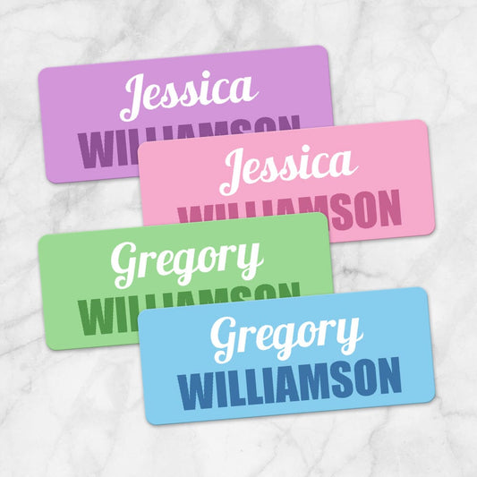 Printable Name Labels for School Supplies Colored BUNDLE with purple, pink, green, and blue at Printable Planning.