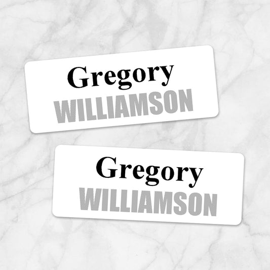 Printable Name Labels Black and Gray for School Supplies at Printable Planning. Example of 2 labels.