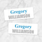 Printable Name Labels Blue and Gray for School Supplies at Printable Planning. Example of 2 labels.