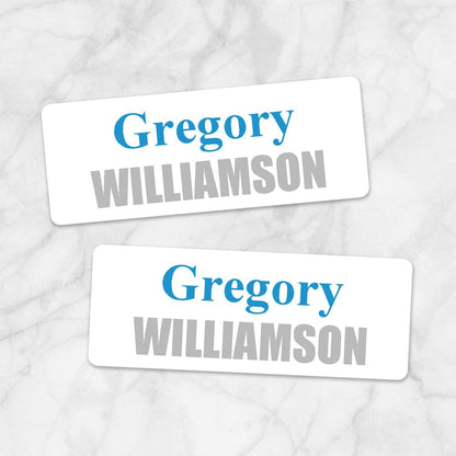 Printable Name Labels Blue and Gray for School Supplies at Printable Planning. Example of 2 labels.
