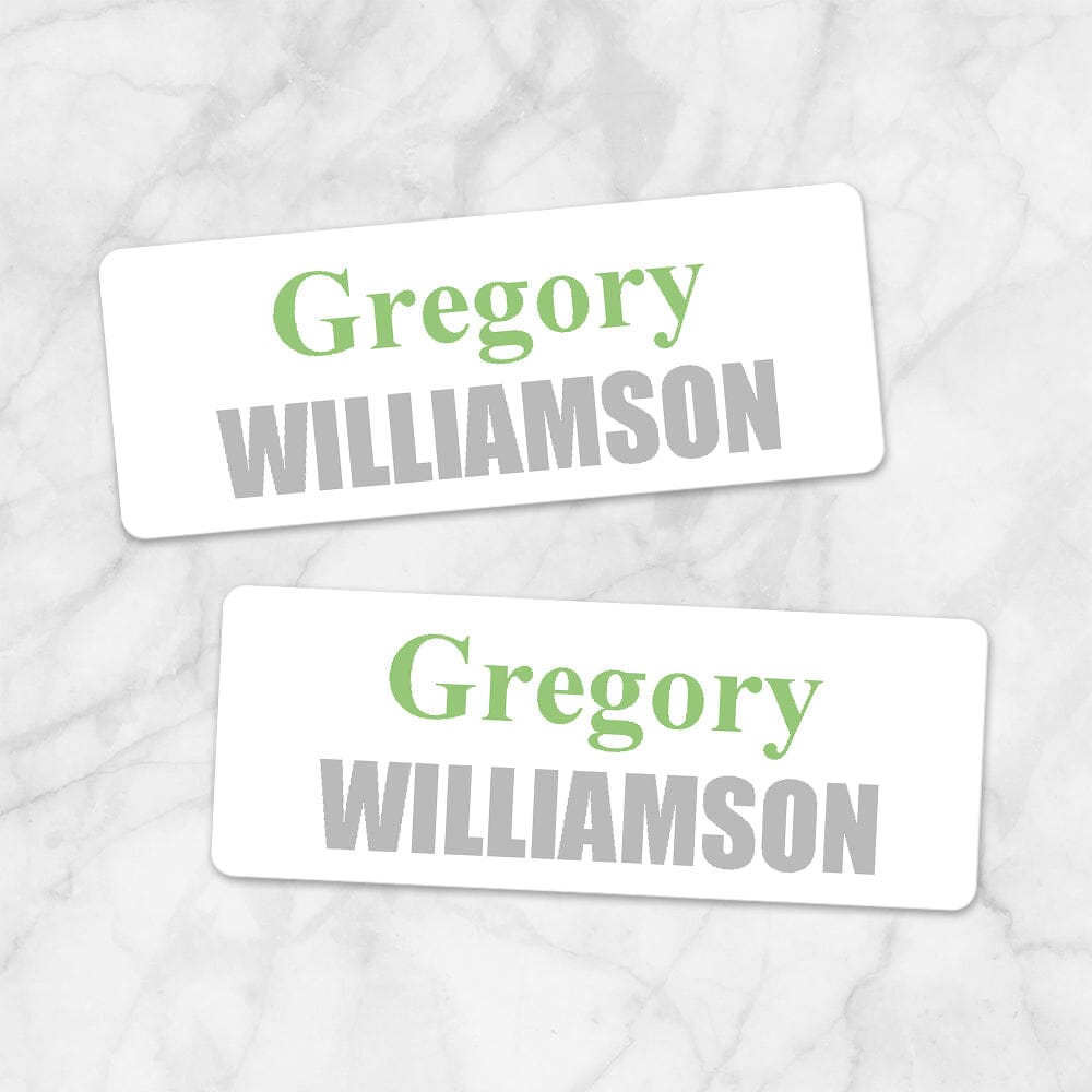 Printable Name Labels Green and Gray for School Supplies at Printable Planning. Example of 2 labels.