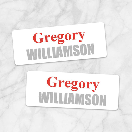 Printable Name Labels Red and Gray for School Supplies at Printable Planning. Example of 2 labels.