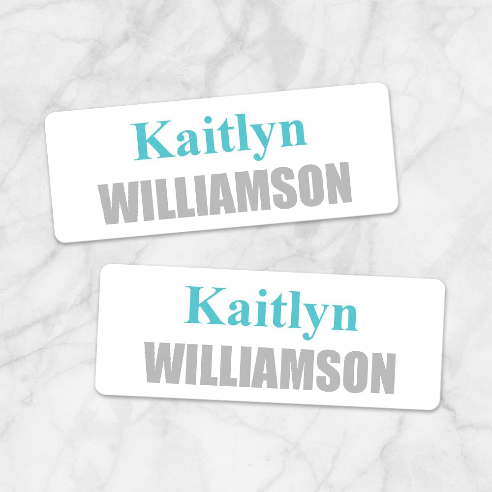 Printable Name Labels Turquoise and Gray for School Supplies at Printable Planning. Example of 2 labels.