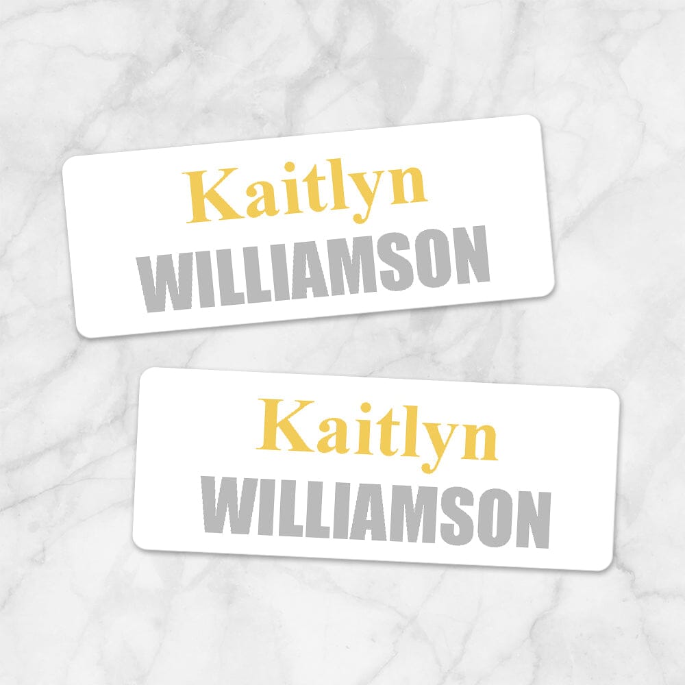 Printable Name Labels Yellow and Gray for School Supplies at Printable Planning. Example of 2 labels.