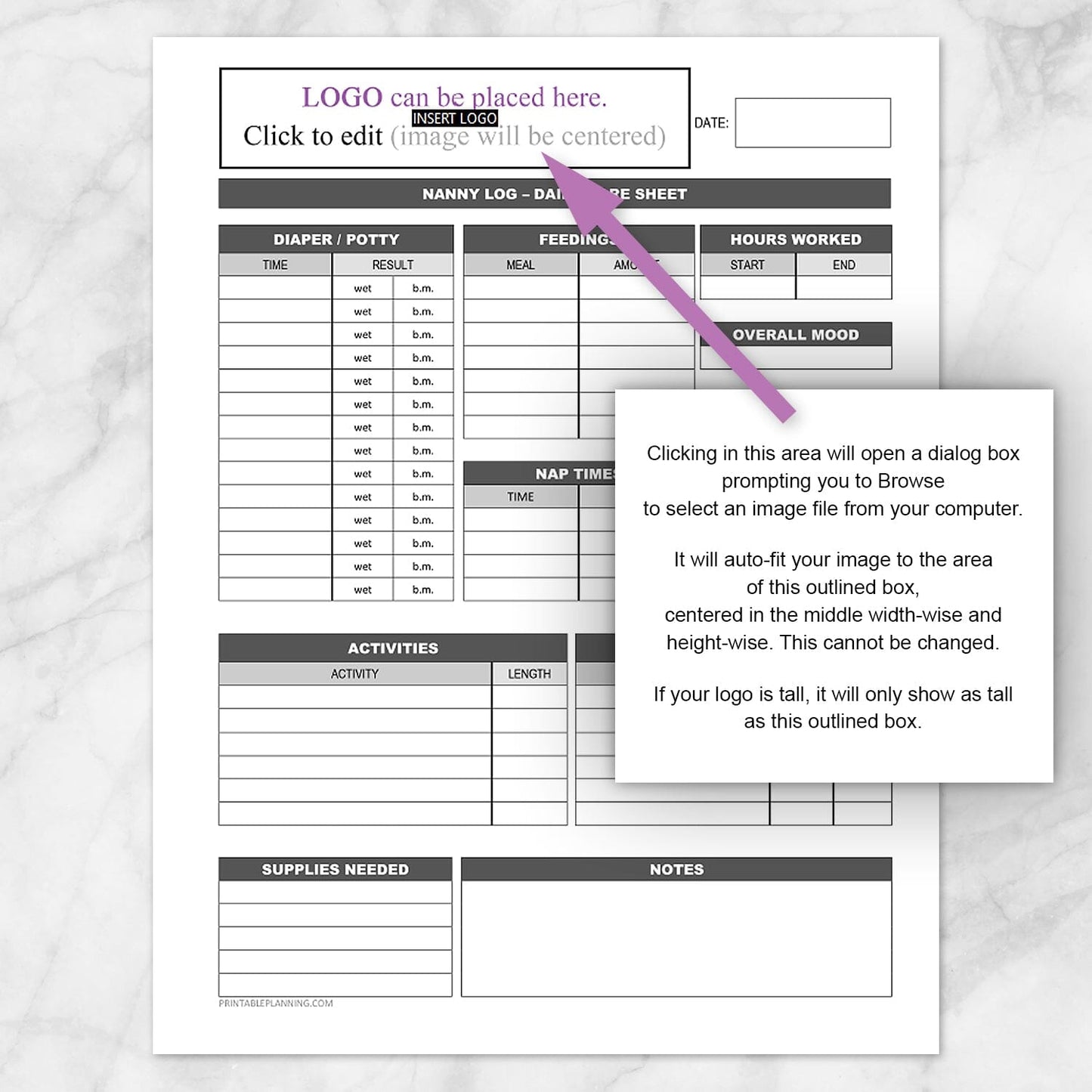Printable Nanny Log with Your Logo - Daily Infant and Child Care Sheet at Printable Planning. Instructions for editing PDF image.