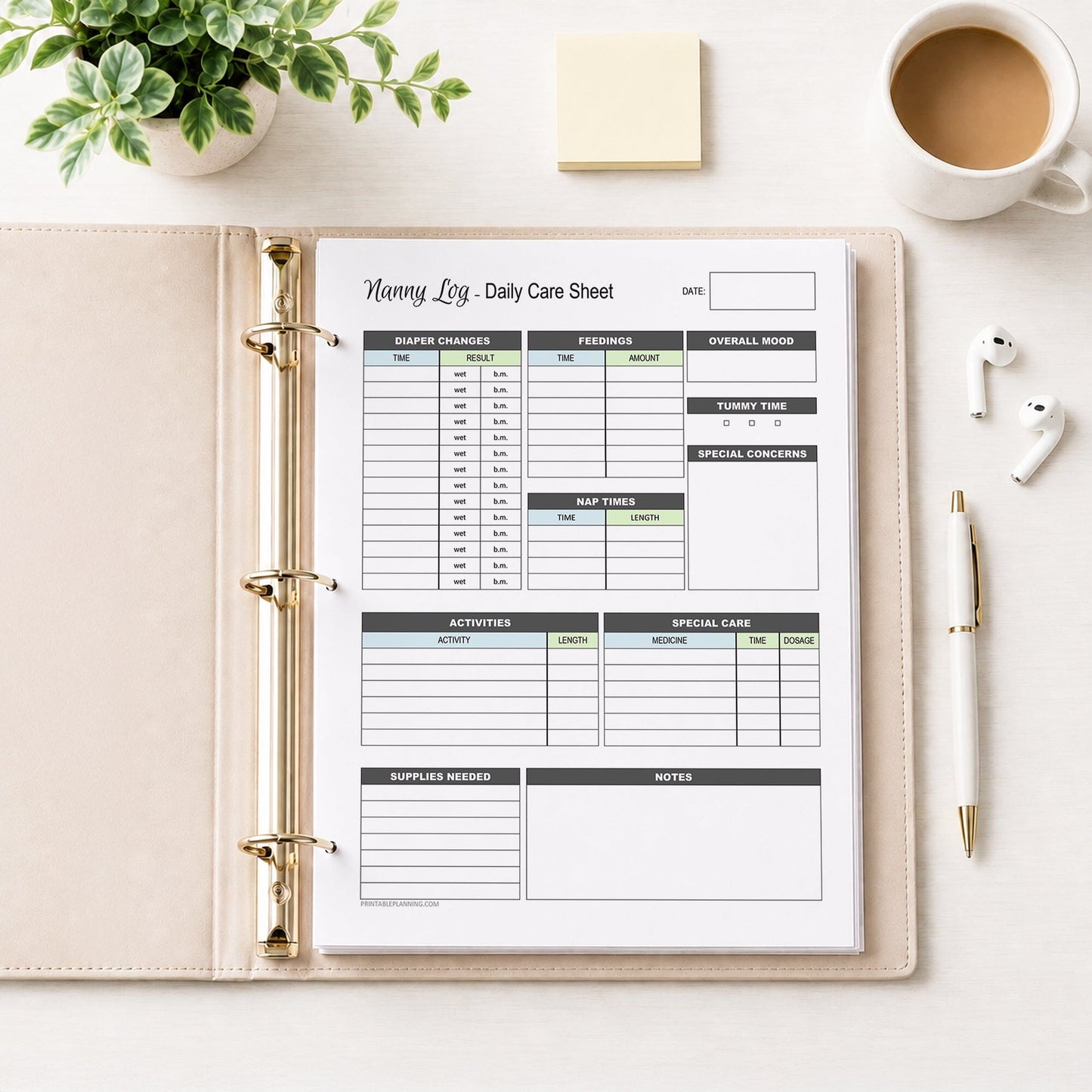 A printed Nanny Log Daily Infant Care Sheet - Blue and Green Printable PDF page shown in a beige binder on a desk with a plant, sticky notes, earbuds, coffee, and a pen.