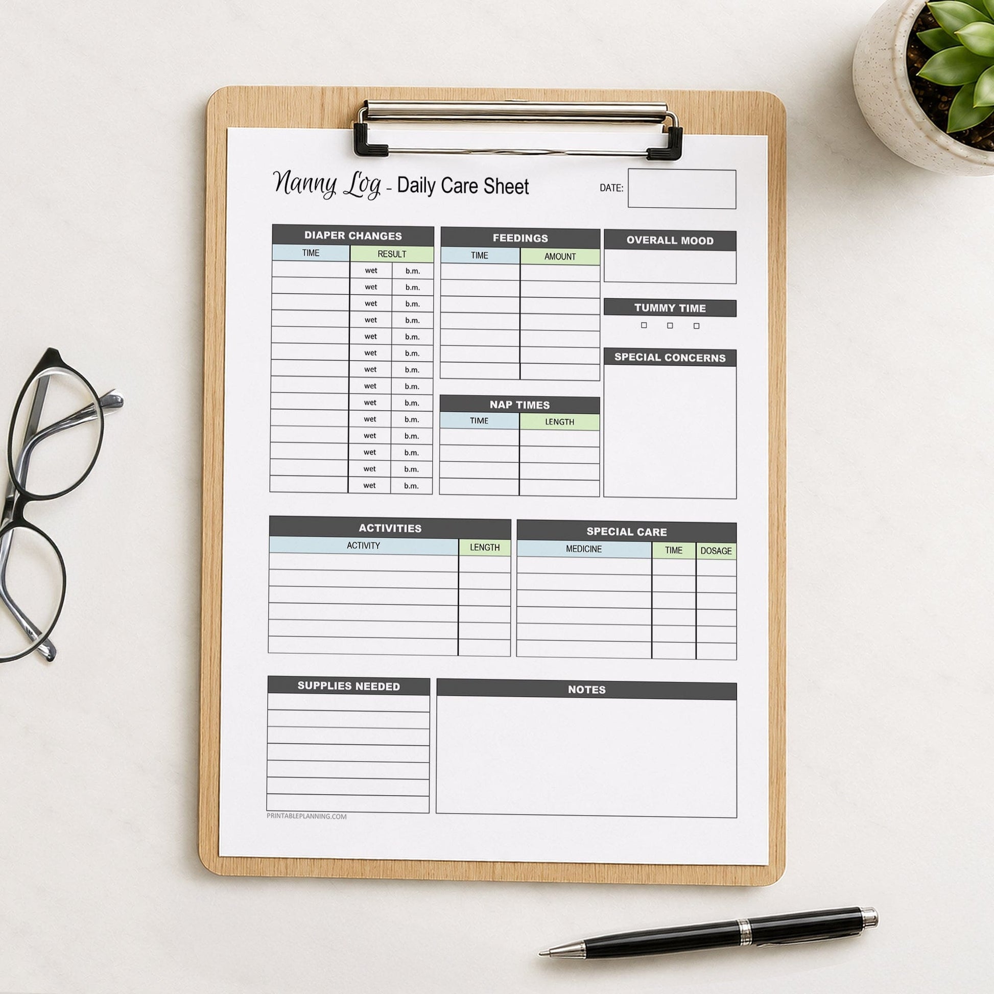 A printed Nanny Log Daily Infant Care Sheet - Blue and Green Printable PDF page shown on a wooden clipboard on a table with a plant, glasses, and a pen.