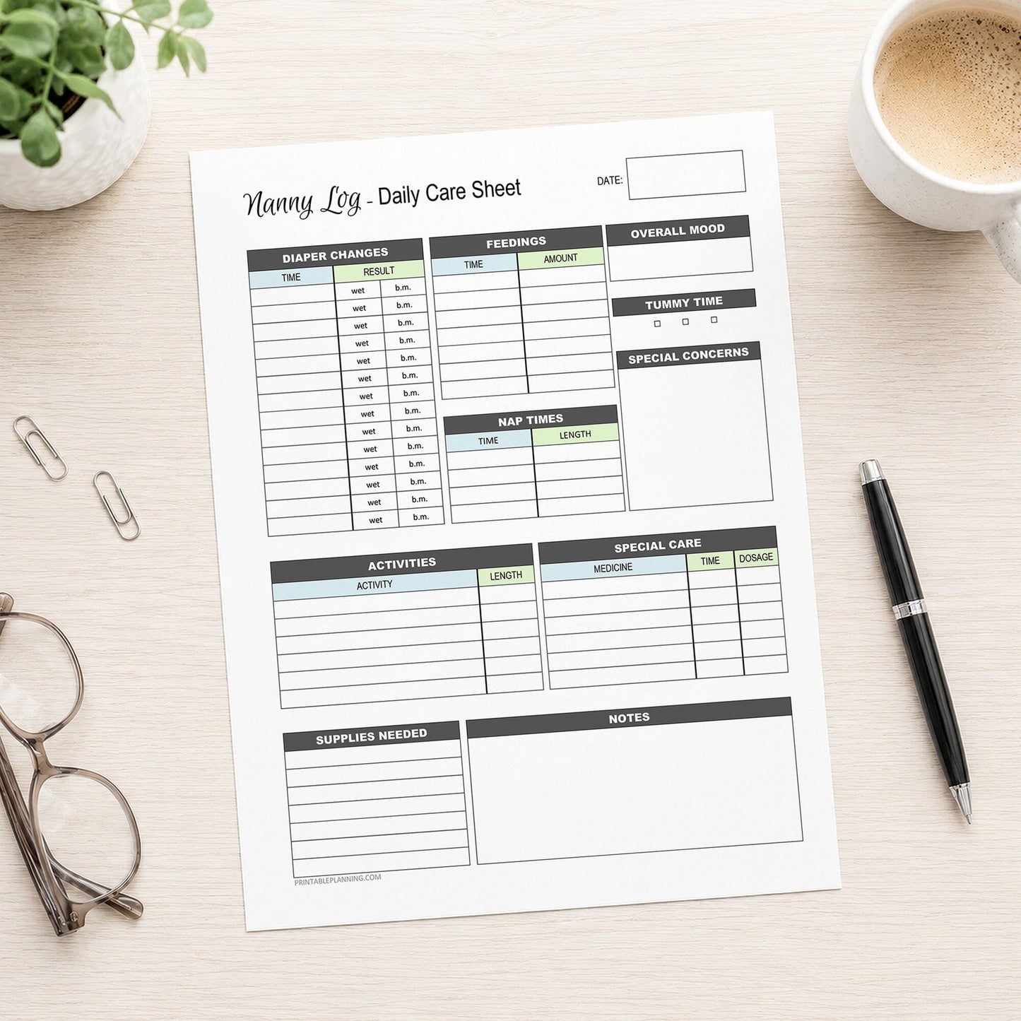 A printed Nanny Log Daily Infant Care Sheet - Blue and Green Printable PDF page shown on a table with a plant, paperclips, coffee, glasses, and a pen.