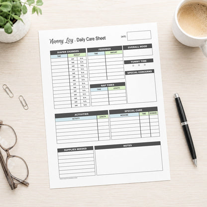 A printed Nanny Log Daily Infant Care Sheet - Blue and Green Printable PDF page shown on a table with a plant, paperclips, coffee, glasses, and a pen.