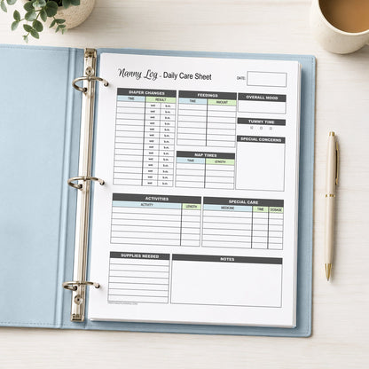 A printed Nanny Log Daily Infant Care Sheet - Blue and Green Printable PDF page shown in a light blue binder on a desk with a plant, coffee, and a pen.