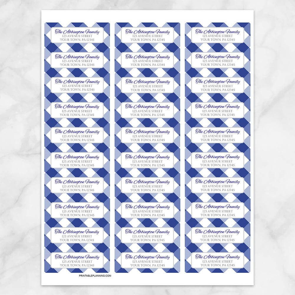 Printable Navy Blue Gingham Pattern Address Labels at Printable Planning. Sheet of 30 labels.
