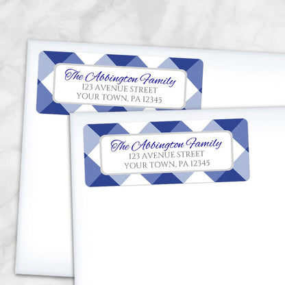 Printable Navy Blue Gingham Pattern Address Labels at Printable Planning. Shown on envelopes.