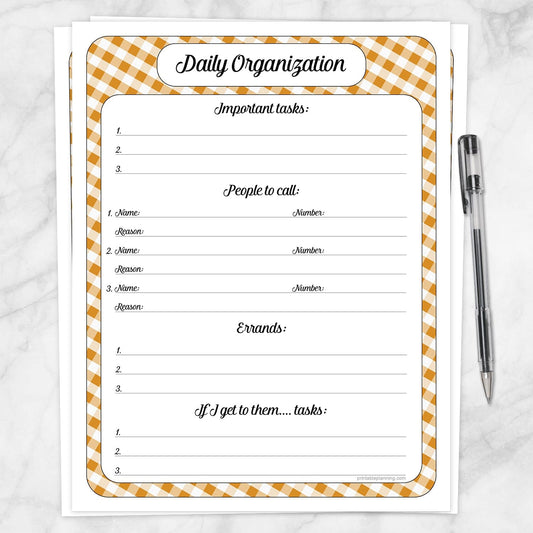 Printable Orange Gingham Daily Organization Category Task Sheet at Printable Planning.