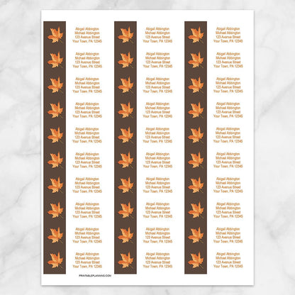 Printable Orange Leaf on Brown Fall Address Labels at Printable Planning. Sheet of 30 labels.