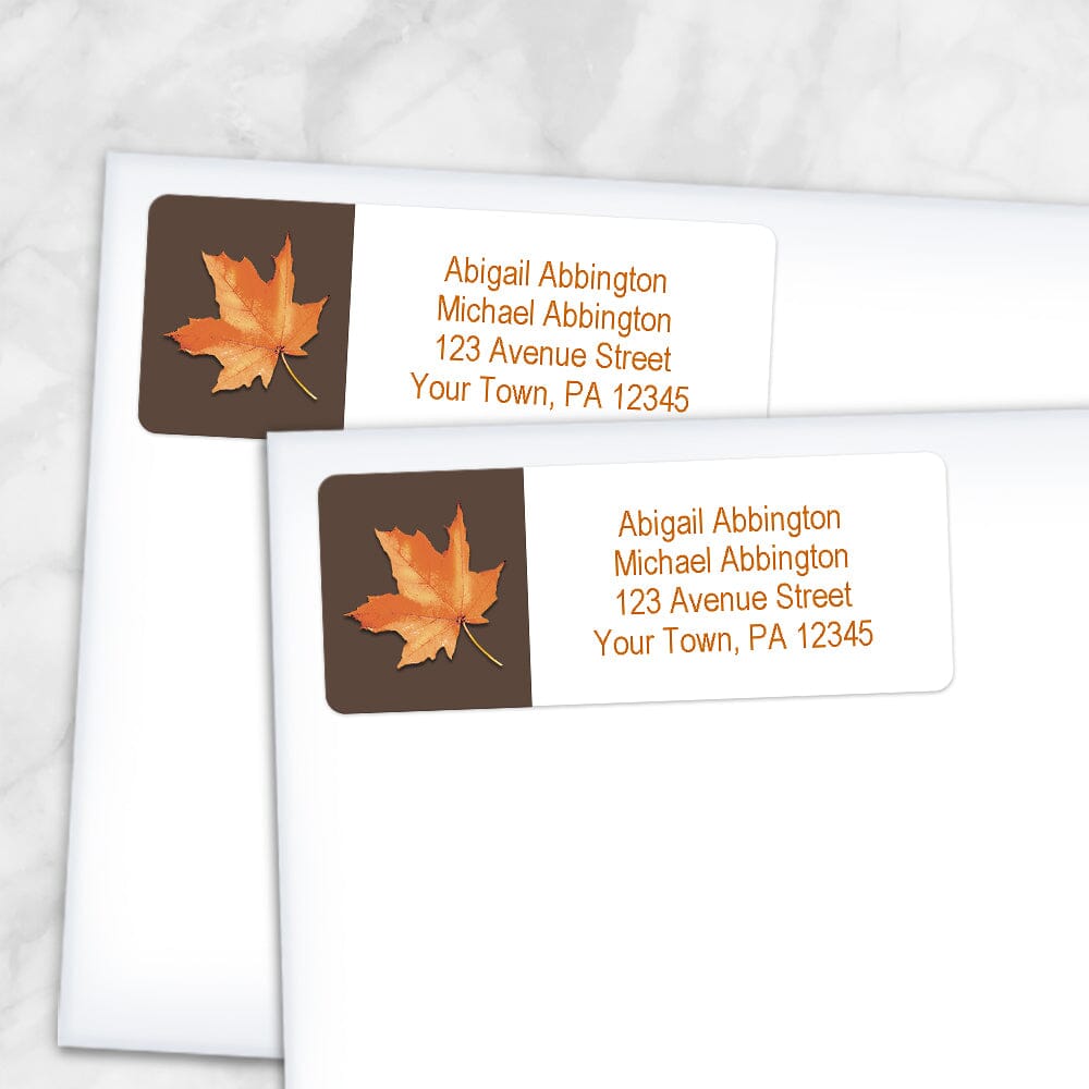 Printable Orange Leaf on Brown Fall Address Labels at Printable Planning. Shown on envelopes.