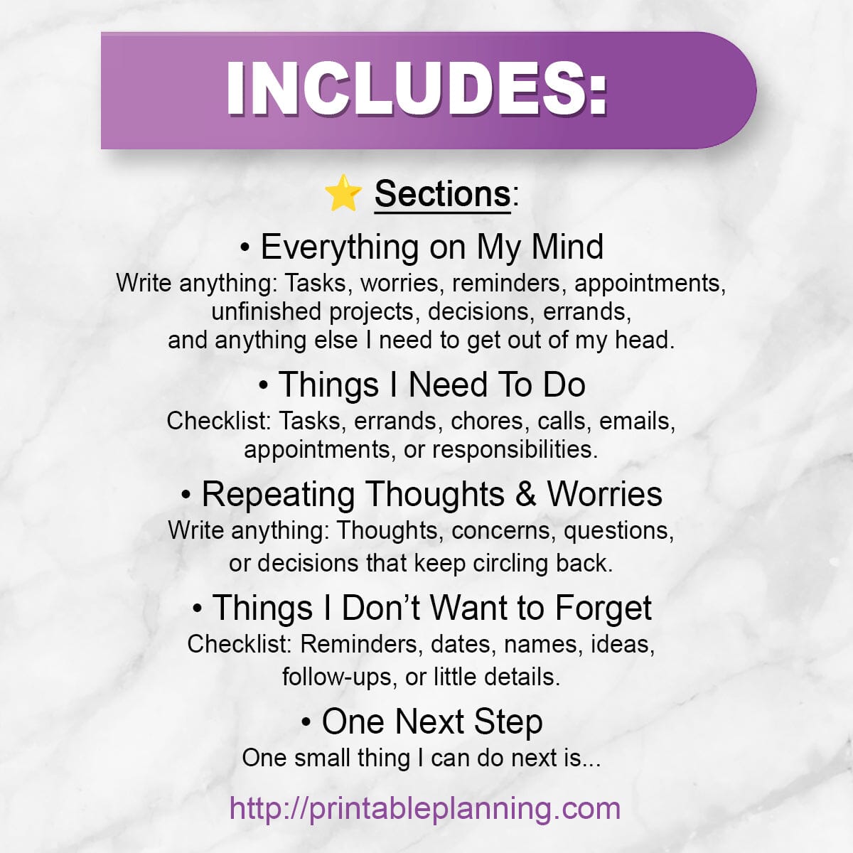 List of sections in the Printable Overwhelm Brain Dump Worksheet.