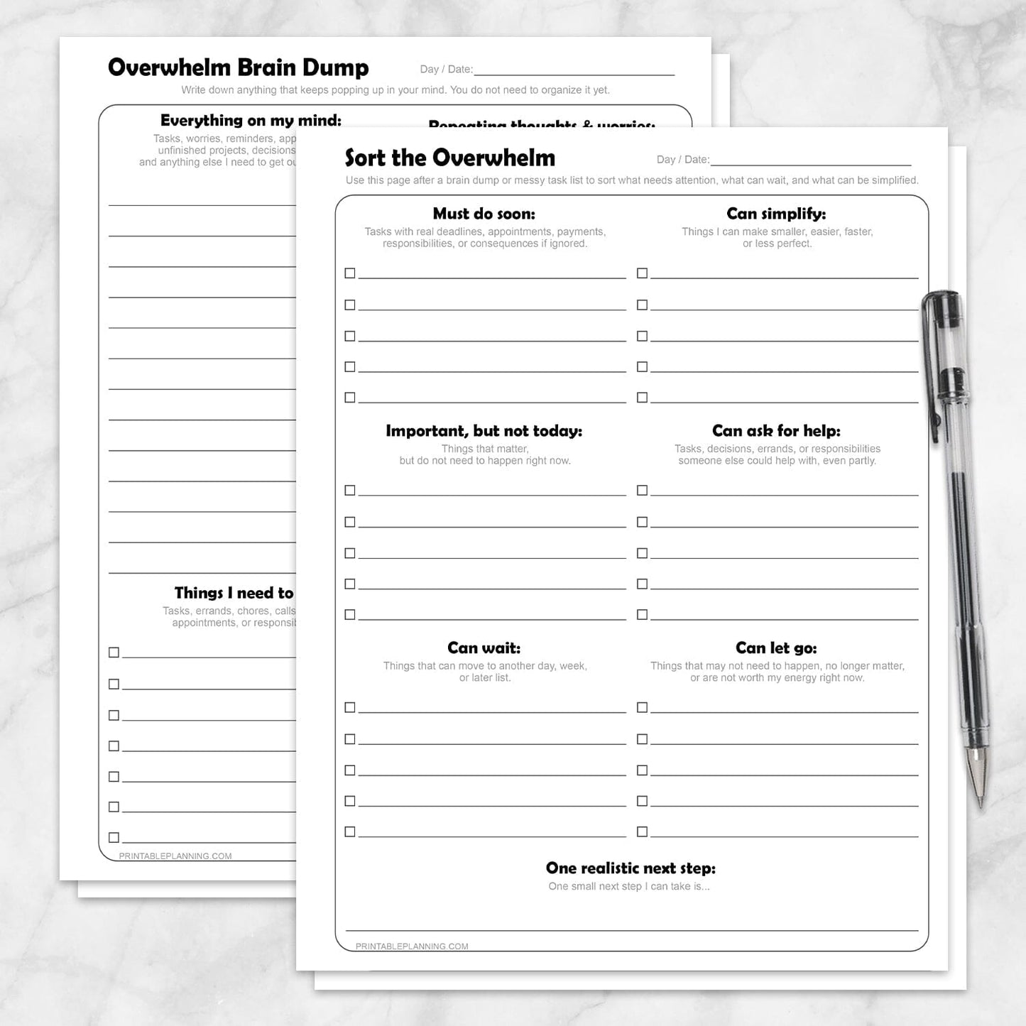 Overwhelm Brain Dump and Task Organizer Printable Worksheets