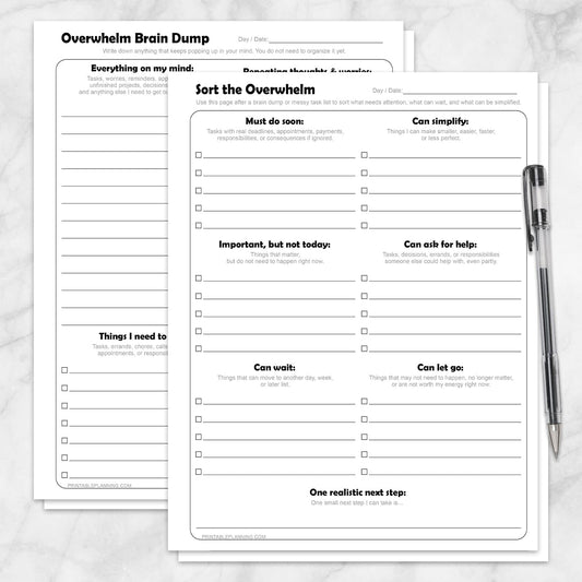 Overwhelm Brain Dump and Task Organizer Printable Worksheets (Bundle)