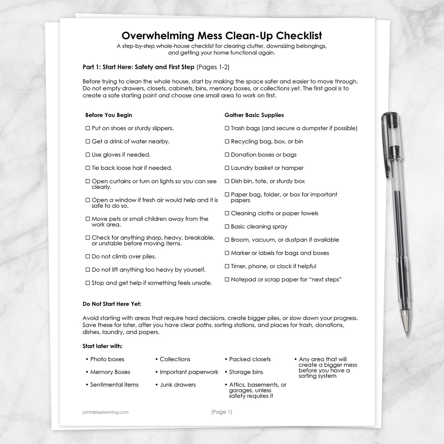 Overwhelming Mess Clean-Up Checklist (printable pages) shown on a marble surface with a pen.