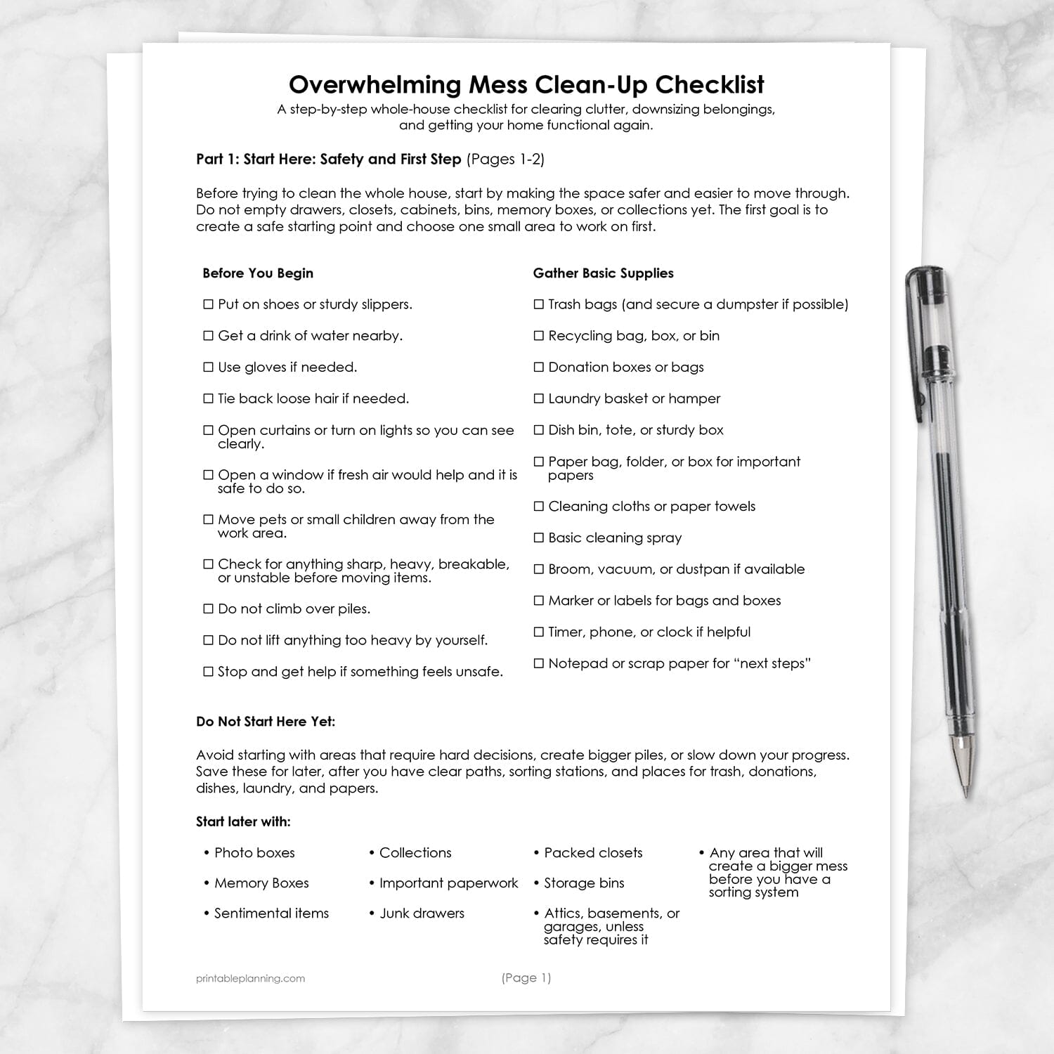Overwhelming Mess Clean-Up Checklist (printable pages) shown on a marble surface with a pen.