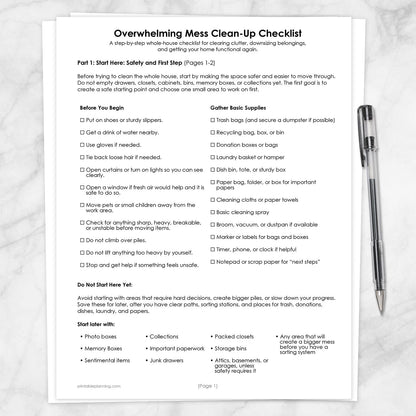 Overwhelming Mess Clean-Up Checklist (printable pages) shown on a marble surface with a pen.