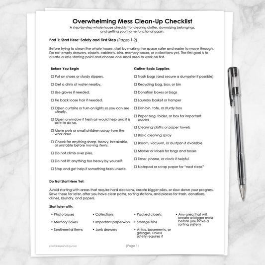 Overwhelming Mess Clean-Up Checklist (printable pages) shown on a marble surface with a pen.