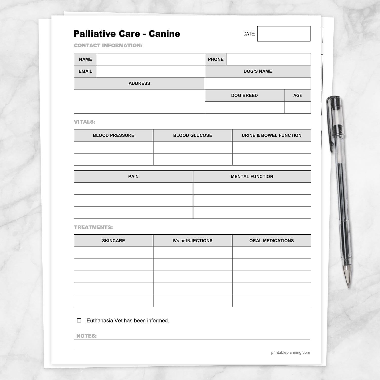 Printable Palliative Care Form for Canines at Printable Planning.