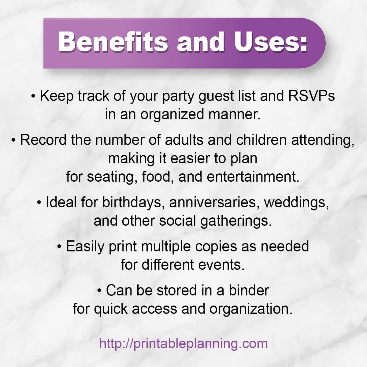 Text detailing benefits and uses of a party planning tool on a white background with a purple banner.