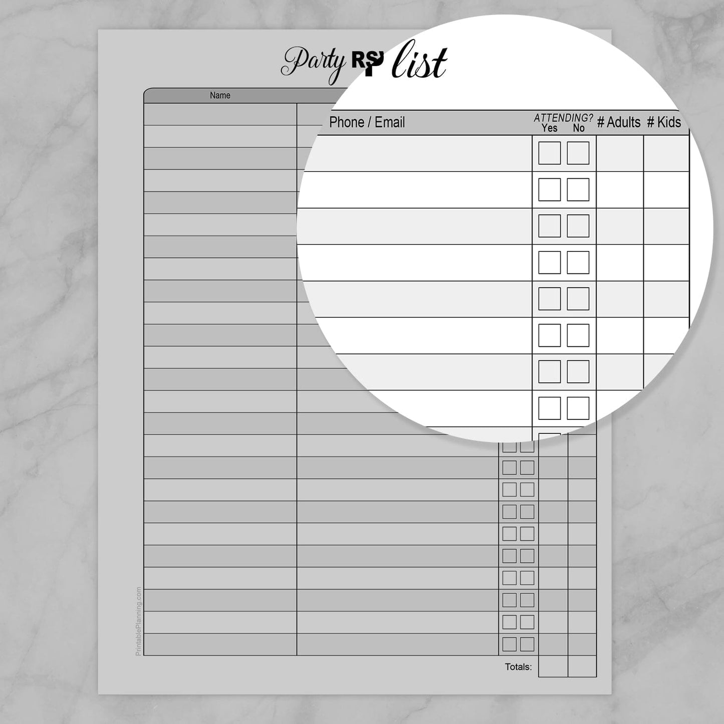 Zoomed corner of the Party RSVP list 