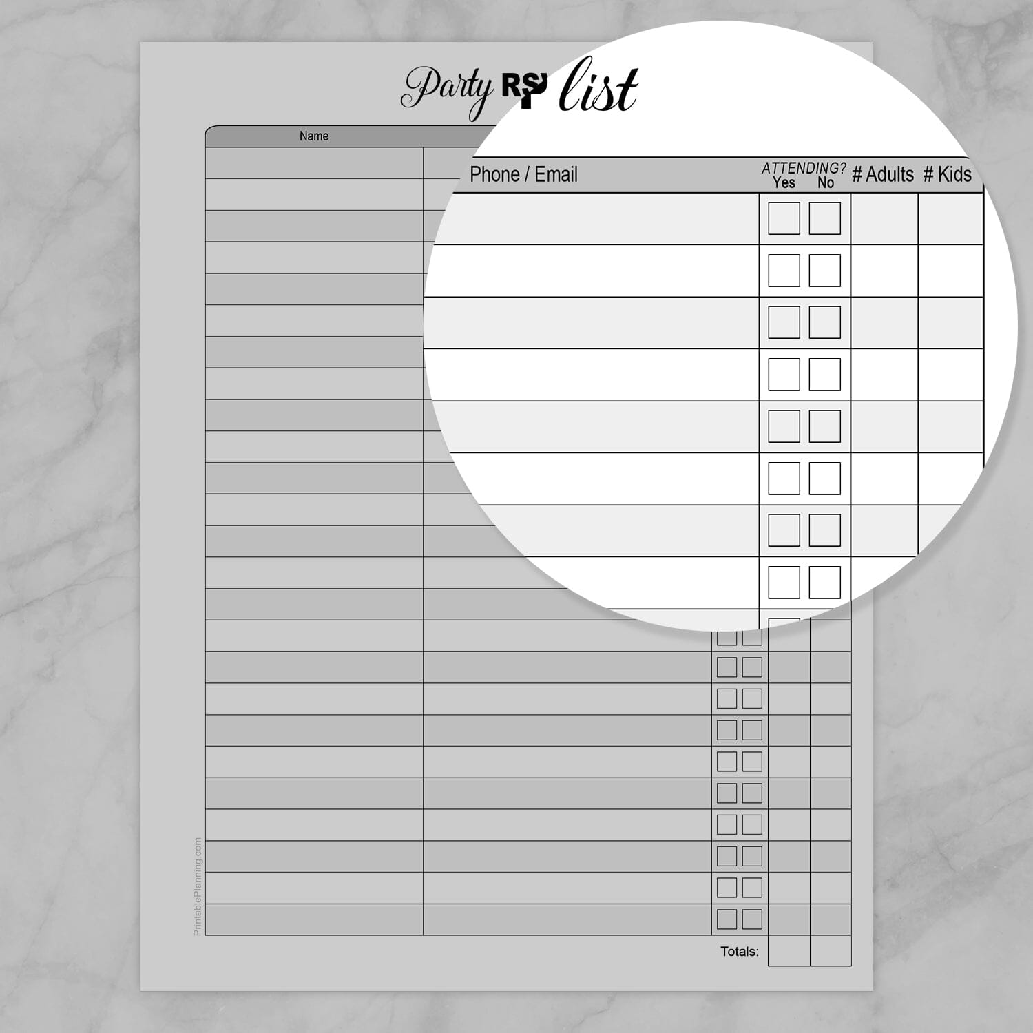 Zoomed corner of the Party RSVP list 