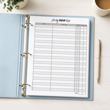 Printable Party RSVP List shown in a light blue binder on a desk with a plant, coffee, and a pen.